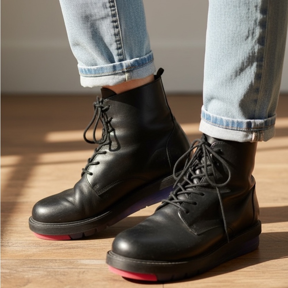 Camper Black Leather Ankle Boots with Blue and Red Sole - Picture 1 of 5